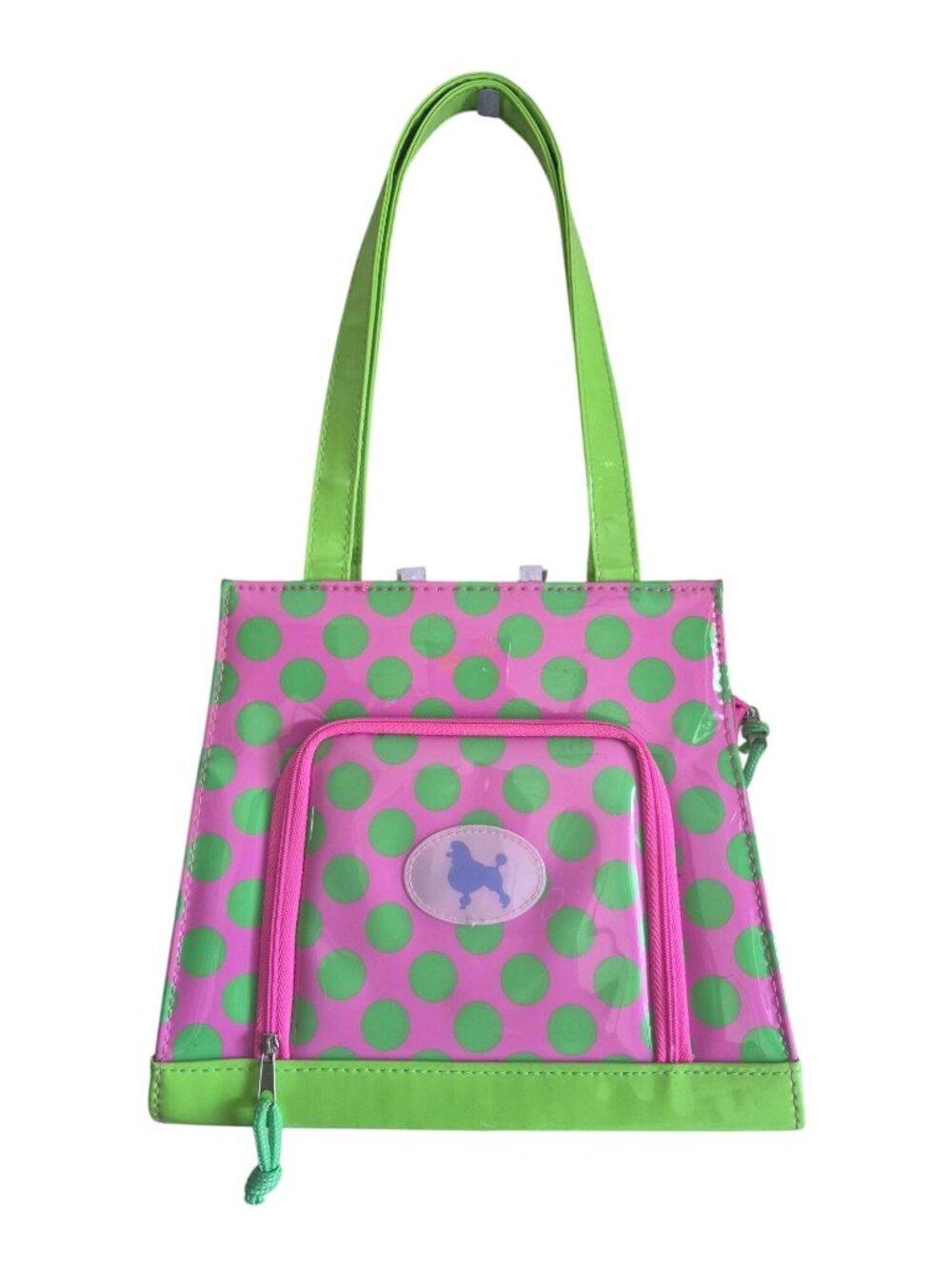 Polka Dot Green & Pink Vinyl Tote With Poodle Design